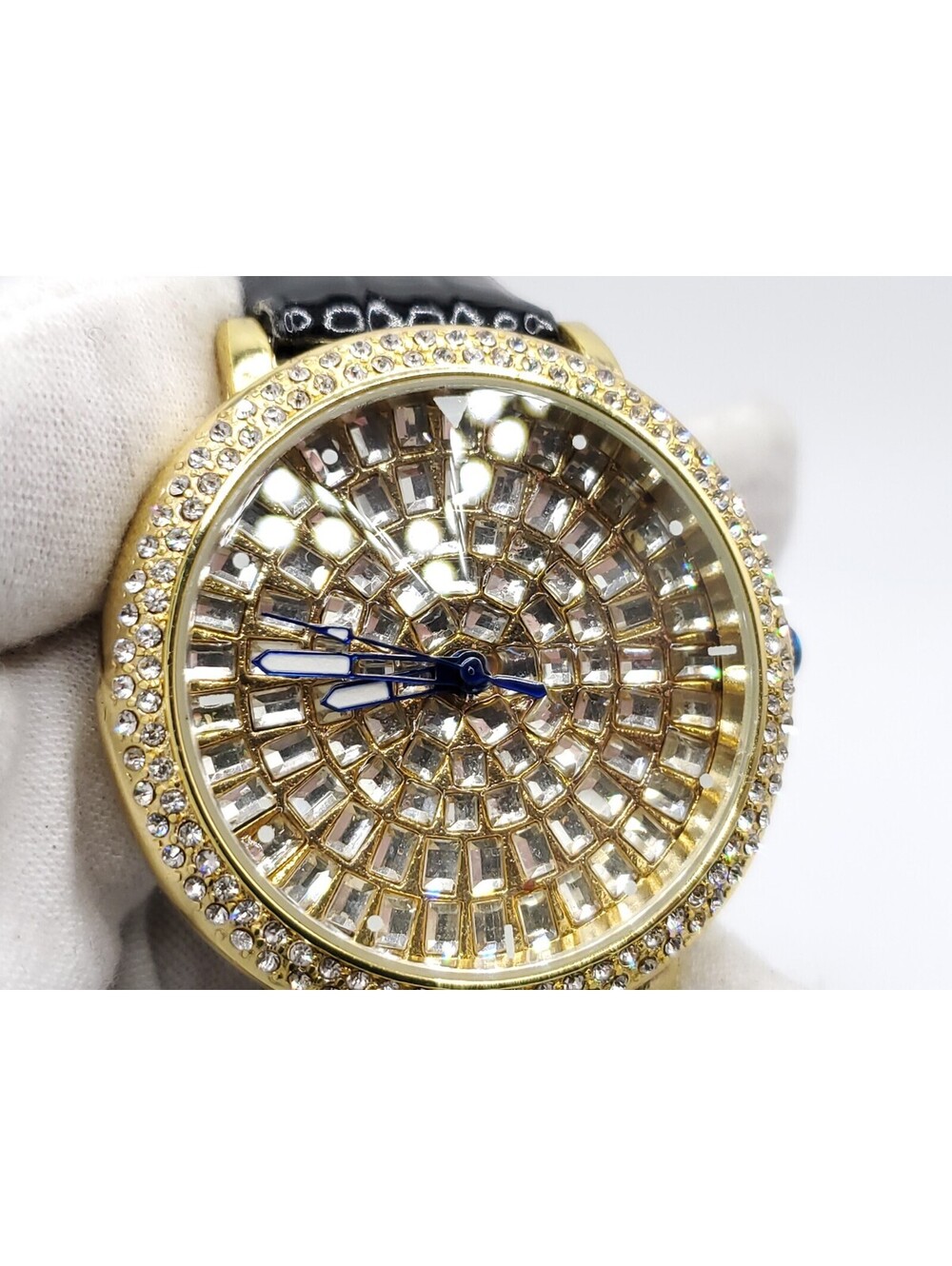 Strada Prisim Gem Quartz Watch Women New Battery Gold Tone Rhinestone Bezel 43mm - Picture 5 of 14